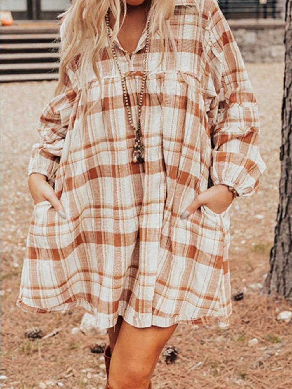 Womens Plaid Tunic Dress in Cream and Tan/XL